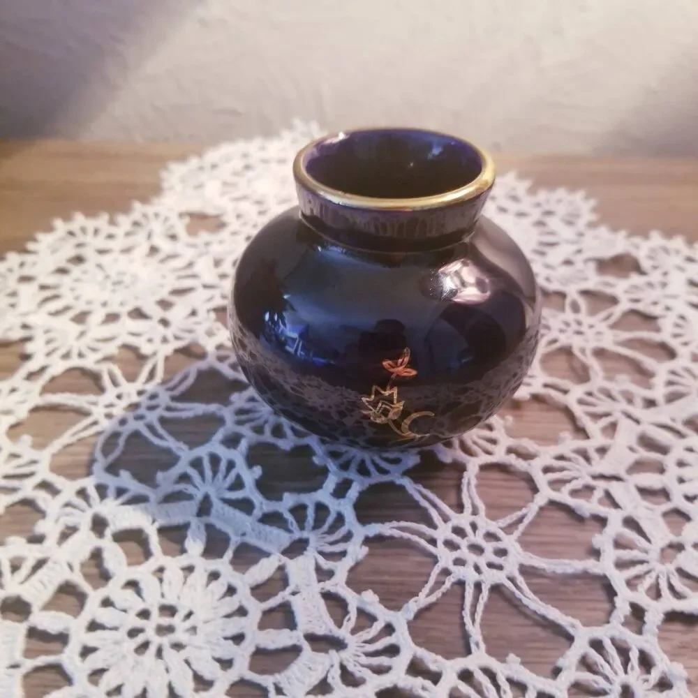 KHM Bavaria Echt Cobalt Vase With Gold Trim, Tiny Vase, Miniature Vase,